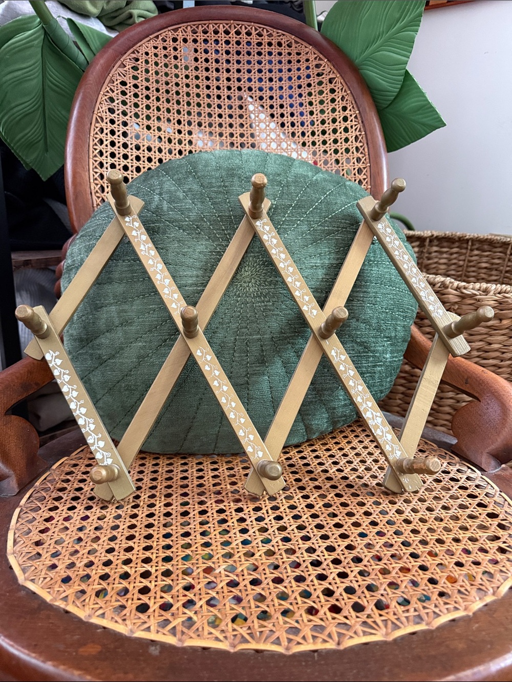 Vintage Wooden Floral Cottagecore Expandable Accordion Peg Hat Belt Scarf Rack